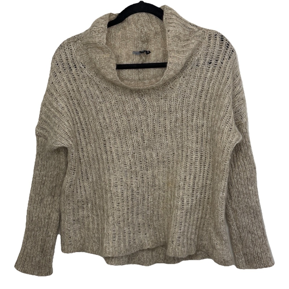 Eileen Fisher Open Knit Mohair Turtleneck Mock‎ Neck Hi Low Oatmeal Sweater Sz L
